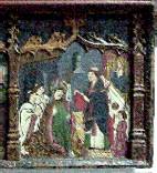 Detall del retaule gtic (1480) representant el bisbe Ermengol recollint les relquies